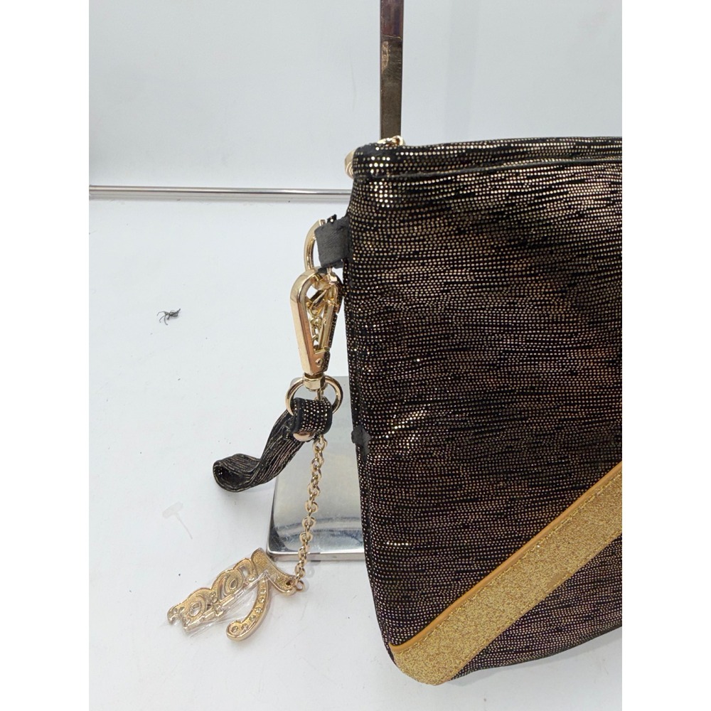 Vieta Metallic Gold Black Shimmer Clutch Bag with Rhinestone Charm Wristlet - Picture 5 of 14